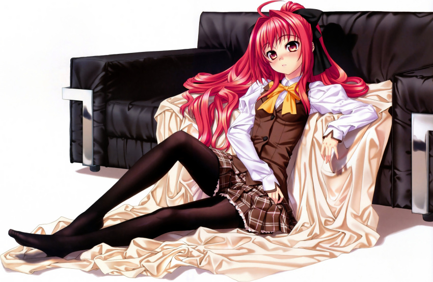 ahoge black_pantyhose bow corticarte_apa_lagranges couch feet female hair_spread_out highres kannatsuki_noboru long_hair no_shoes on_floor pantyhose plaid plaid_skirt pleated_skirt ponytail puffy_sleeves red_eyes red_hair school_uniform shinkyoku_soukai_polyphonica sitting skirt solo very_long_hair vest