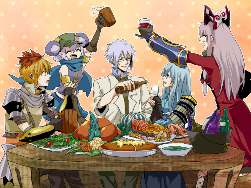 1boy 4girls alchemist_(sekaiju) alchemist_(sekaiju)_(cosplay) alcohol alternate_costume animal_ears armor bad_id bad_nicoseiga_id beer beer_mug blonde_hair blue_eyes blue_hair bottle bow bracelet bucket bushidou_(sekaiju) bushidou_(sekaiju)_(cosplay) chicken_(food) clam closed_eyes cosplay cup extra_ears feast feathers flower food fujiwara_no_mokou glass glasses grey_hair hair_ornament hairbow hat holding holding_cup japanese_armor jewelry kamishirasawa_keine long_sleeves medic_(sekaiju) medic_(sekaiju)_(cosplay) morichika_rinnosuke mouse_ears mug multiple_girls nazrin onion open_mouth outstretched_arms oyster plate ranger_(sekaiju) ranger_(sekaiju)_(cosplay) rose salad sekaiju_no_meikyuu sekaiju_no_meikyuu_1 short_hair shoulder_armor sleeveless smile sode sweatdrop swordsman_(sekaiju) swordsman_(sekaiju)_(cosplay) table tomato toramaru_shou touhou vambraces wine yellow_eyes yoshiharu_(ryoji)