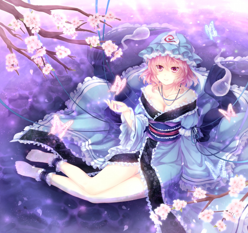 ankle_cuffs bad_id bad_pixiv_id barefoot branch breasts bug butterfly cherry_blossoms cleavage collarbone female flower frills hat hitodama long_sleeves medium_breasts off_shoulder partially_submerged pink_eyes pink_hair saigyouji_yuyuko short_hair sitting solo touhou triangular_headpiece water wide_sleeves yokozuwari yuuna_minato