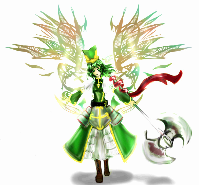 absurdres armor axe female green_eyes green_hair hat highres magical_girl mahou_shoujo_madoka_magica shizuki_hitomi solo weapon