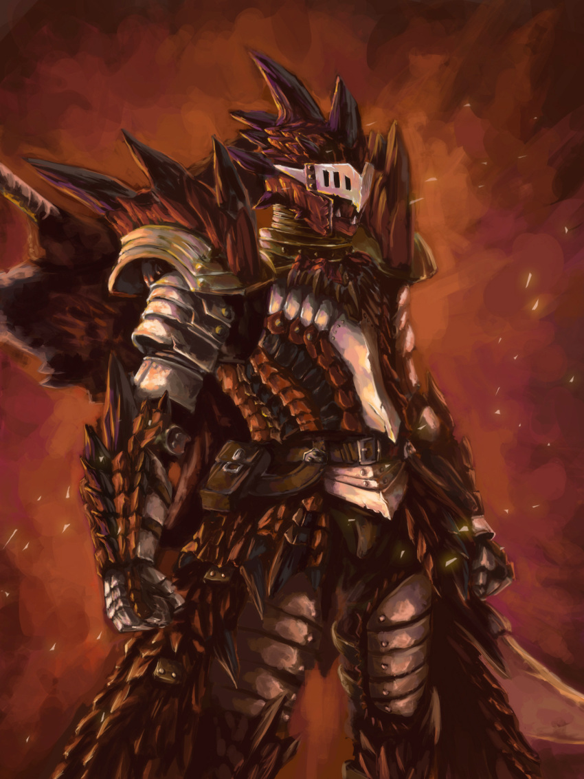 1bow 1boy armor capcom highres male male_focus monster_hunter rathalos_(armor) solo spikes weapon