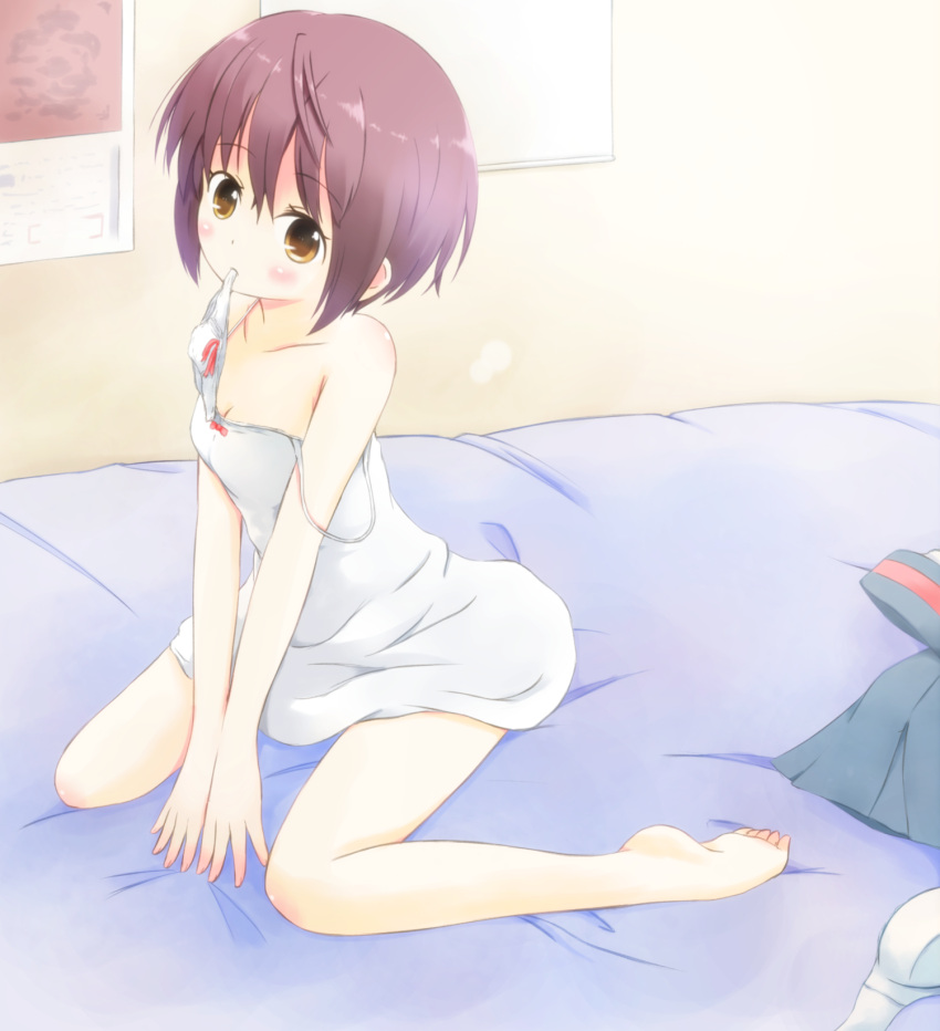 bad_id bad_pixiv_id brown_eyes female highres mode_(mode-n) mouth_hold nagato_yuki panties panties_in_mouth purple_hair short_hair solo strap_slip suzumiya_haruhi_no_shoushitsu suzumiya_haruhi_no_yuuutsu underwear