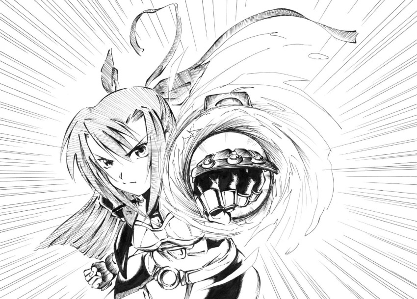 commentary_request female ginga_nakajima greyscale jason_(kaiten_kussaku_kikou) long_hair looking_at_viewer lyrical_nanoha mahou_shoujo_lyrical_nanoha_strikers monochrome photoshop_(medium) revolver_knuckle solo