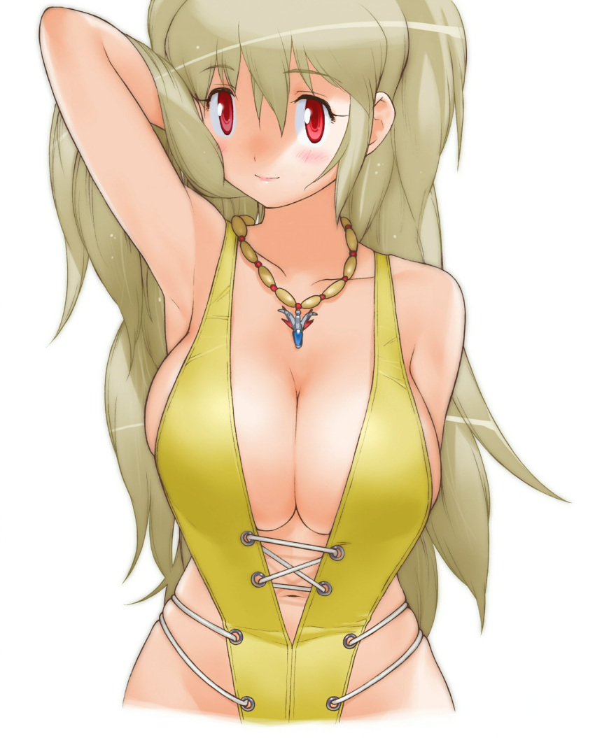 absurdres blonde_hair blush breasts diol_twee female highres jewelry large_breasts long_hair navel necklace otomedius paint.net_(medium) red_eyes simple_background solo swimsuit white_background yoshizaki_mine