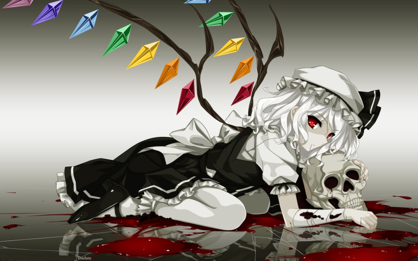 alstroemeria_records bad_id bad_pixiv_id bandages blood crack female flandre_scarlet full_body hat kahchan looking_at_viewer misaki_kurehito short_hair skull solo spot_color touhou wings