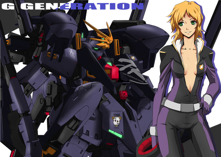 advance_of_zeta blonde_hair character_request commentary_request ellis_claude female green_eyes gundam gundam_tr-1_hyzenthlay-rah helmet mecha miyabi_(miura105) pilot_suit robot sd_gundam sd_gundam_g-generation solo unzipped