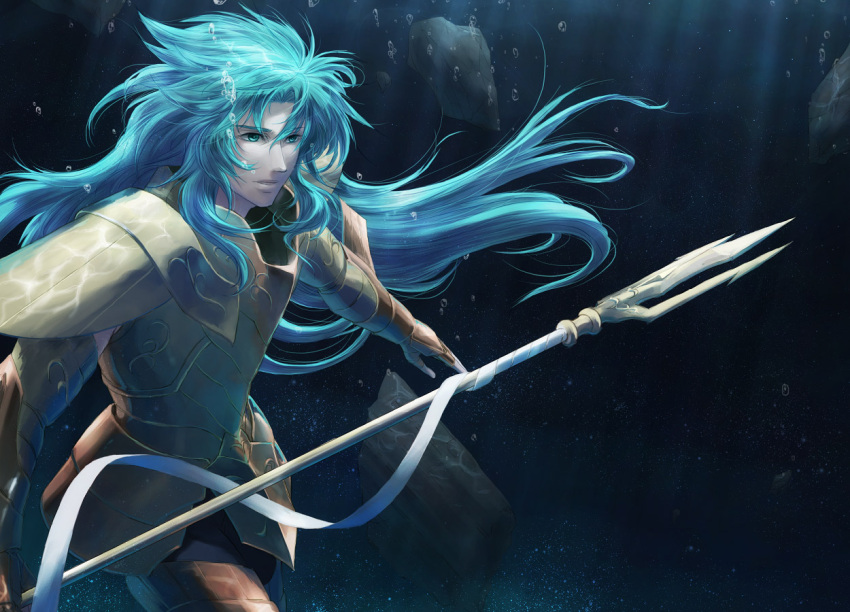 1boy armor blue_eyes blue_hair commentary_request gemini_kanon lanuarius long_hair male_focus polearm saint_seiya solo trident underwater weapon