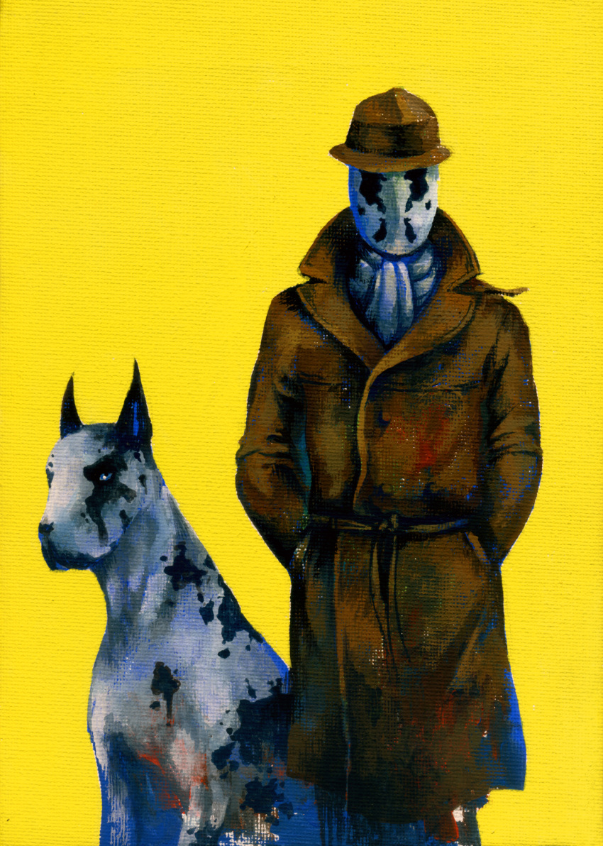 1boy ascot canine coat commentary_request dalmatian expressionless fedora hands_in_pockets hat highres inkblot kinakosamurai looking_at_viewer mask photoshop_(medium) rorschach simple_background trench_coat watchmen yellow_background