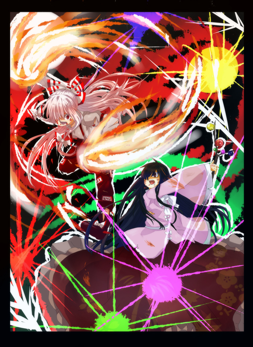 2girls absurdres bad_id bad_pixiv_id battle black_hair blood blood_in_mouth bow branch brown_eyes duel fire fujiwara_no_mokou hairbow highres houraisan_kaguya japanese_clothes jeweled_branch_of_hourai long_hair long_skirt long_sleeves multiple_girls niseneko_(mofumofu_ga_ienai) pants red_eyes skirt suspenders touhou very_long_hair white_hair wide_sleeves