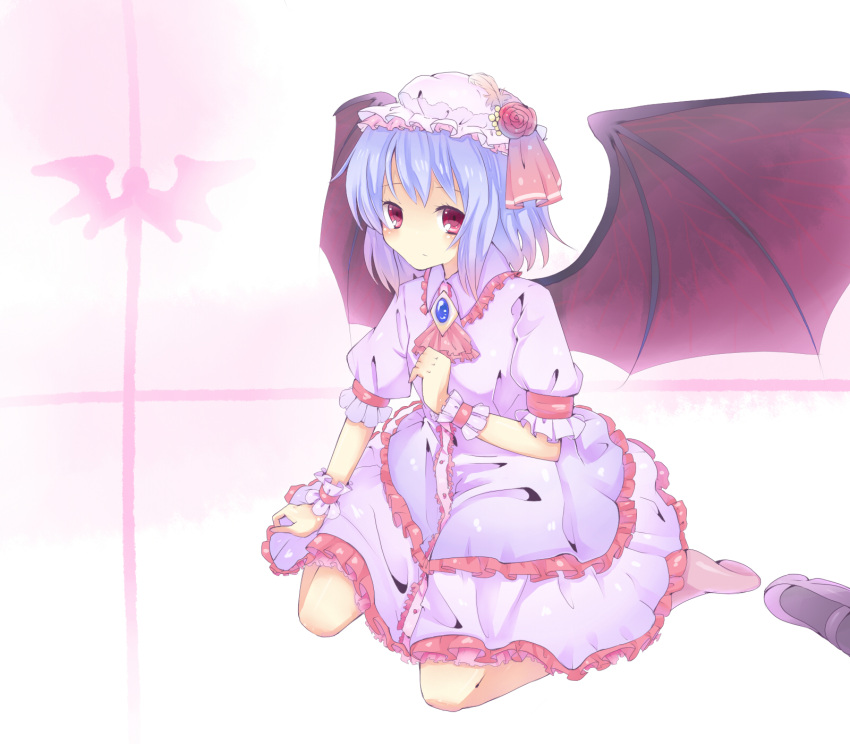 adapted_costume ascot bad_id bad_pixiv_id bat_wings blue_hair female flower frills hat hat_ribbon highres jewelry kneeling niseneko_(mofumofu_ga_ienai) remilia_scarlet ribbon rose short_hair solo touhou wings wrist_cuffs