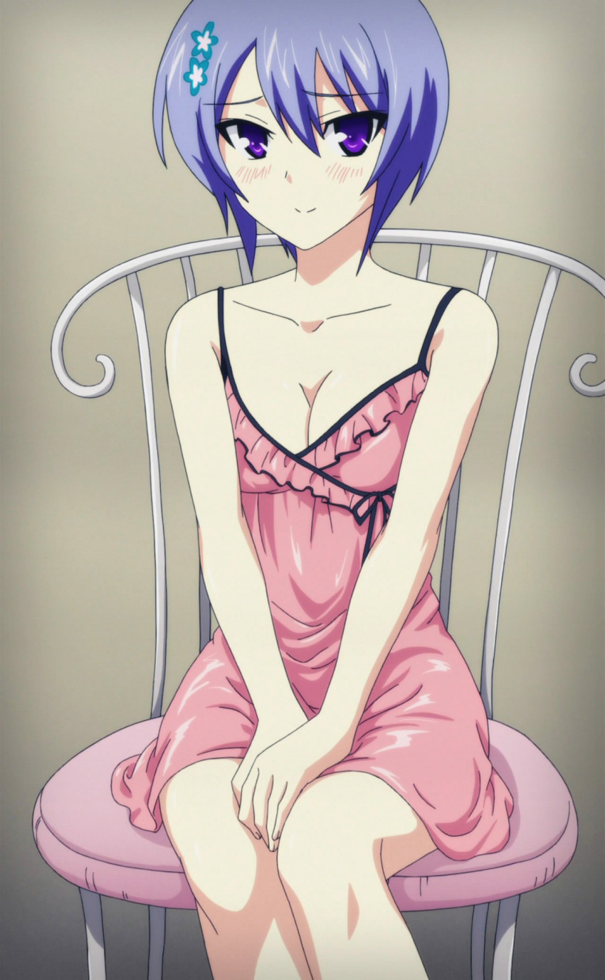 blue_hair breasts cleavage female female highres looking_at_viewer maji_de_watashi_ni_koi_shinasai! screencap shiina_miyako short_hair sitting solo stitched