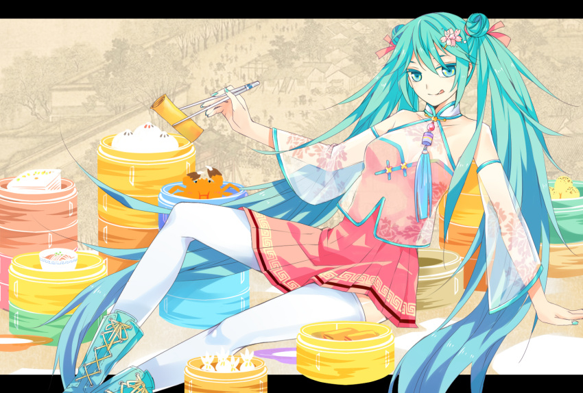 bamboo_steamer baozi chinese_clothes chopsticks commentary_request crab dim_sum dumpling female food hair_ornament hairclip hatsune_miku highres irisssy jiaozi letterboxed long_hair nail_polish noodles solo thighhighs very_long_hair vocaloid white_thighhighs