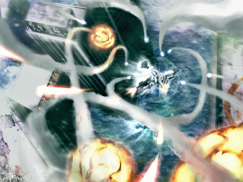 armored_core armored_core:_for_answer bad_id bad_pixiv_id battle cityscape dual_wielding energy_barrier explosion fire firing gun holding itano_circus mecha mecha_focus missile missile228 missile_trail no_humans robot ruins science_fiction smoke smoke_trail water weapon white_glint