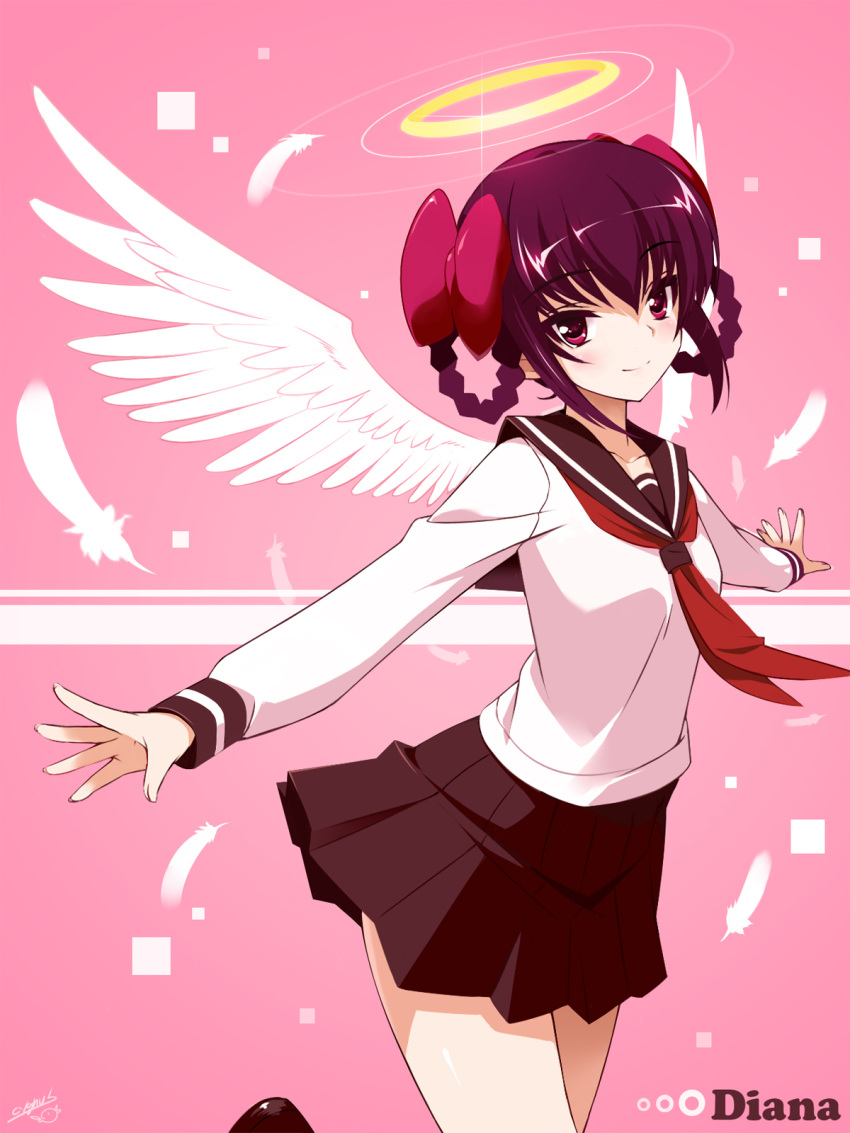 angel angel_wings ayukawa_tenri black_hair blush bow character_name commentary_request cygnus_(cygnus7) diana_(kaminomi) feathered_wings feathers female hair_rings hairbow halo highres kami_nomi_zo_shiru_sekai looking_at_viewer md5_mismatch outstretched_arms photoshop_(medium) pink_background purple_eyes resolution_mismatch school_uniform serafuku signature skirt smile solo source_smaller wings