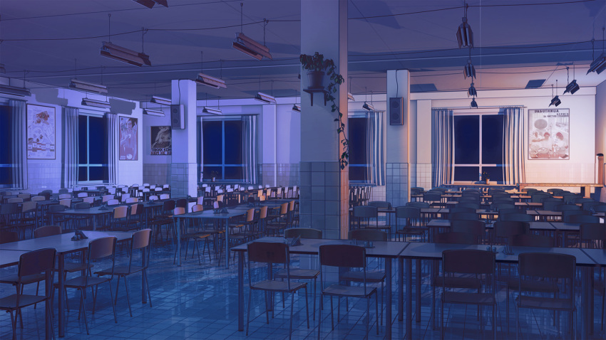 arsenixc cafeteria chair collaboration commentary_request cyrillic everlasting_summer floor fluorescent_lamp indoors night no_humans original plant poster_(object) potted_plant russian_text scenery speaker table tile_floor tiles translated vvcephei window