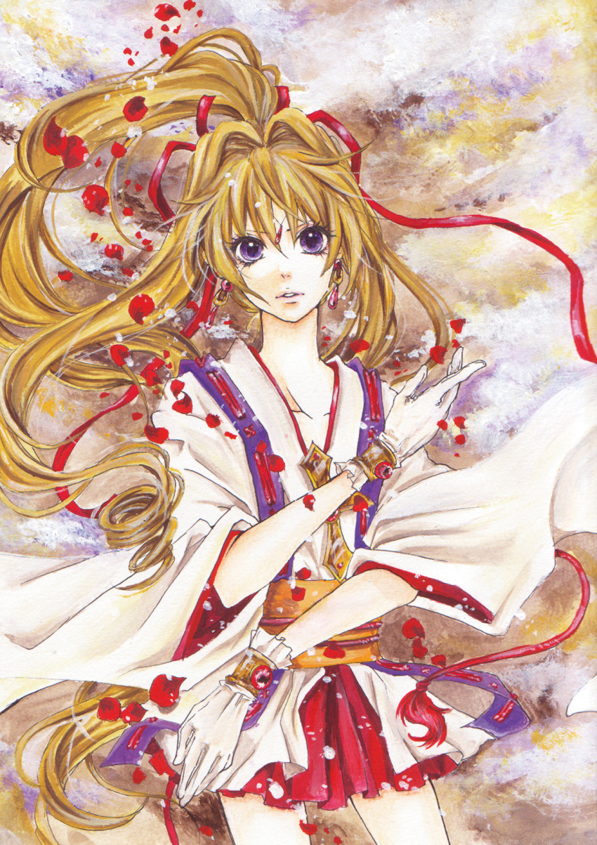 acrylic_paint_(medium) blonde_hair bracelet cha_yoru commentary_request earrings eyelashes female gem gloves hair_ribbon highres japanese_clothes jewelry kaitou_jeanne kamikaze_kaitou_jeanne kimono kusakabe_maron long_hair looking_at_viewer obi oil_painting_(medium) painting_(medium) parted_lips petals photoshop_(medium) pleated_skirt ponytail purple_eyes ribbon rose_petals sash skirt solo traditional_media white_kimono wide_sleeves