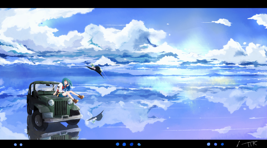 bad_id bad_pixiv_id blue_hair blue_sky car cloud day female food fruit hat highres hinanawi_tenshi jeep letterboxed long_hair motor_vehicle mountain ocean on_vehicle open_mouth outdoors peach red_eyes reflection shirt short_sleeves sitting skirt sky solo sun tetsurou_(fe+) touhou unworn_hat unworn_headwear water water_world wind