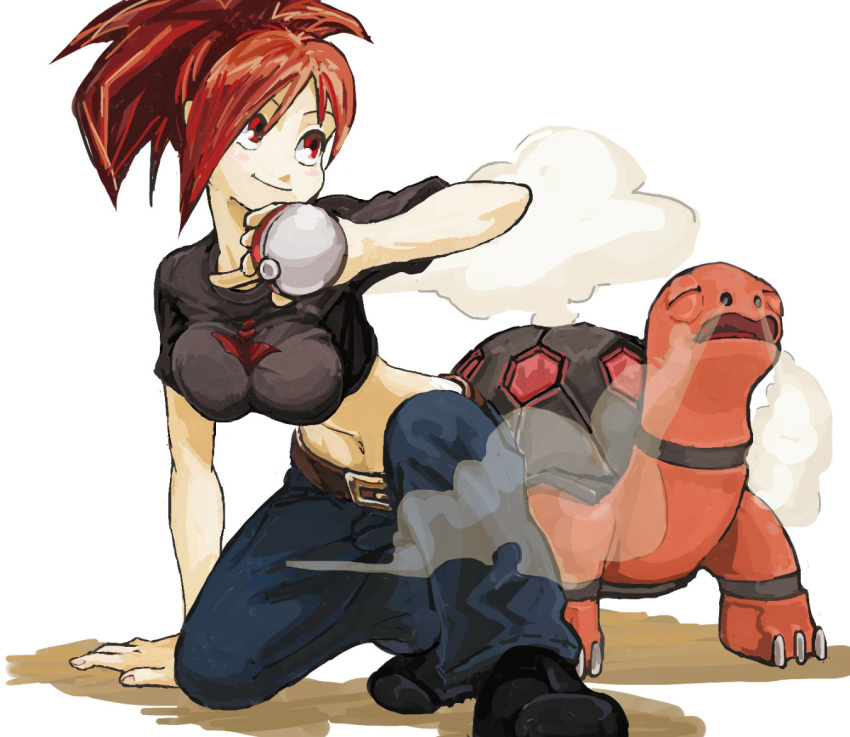 breasts commentary_request crop_top cropped_shirt cue_(seihattou) denim female flannery_(pokemon) holding holding_poke_ball impossible_clothes impossible_shirt jeans large_breasts long_hair midriff navel on_one_knee pants poke_ball pokemon pokemon_(creature) pokemon_rse ponytail red_eyes red_hair shirt smile steam torkoal