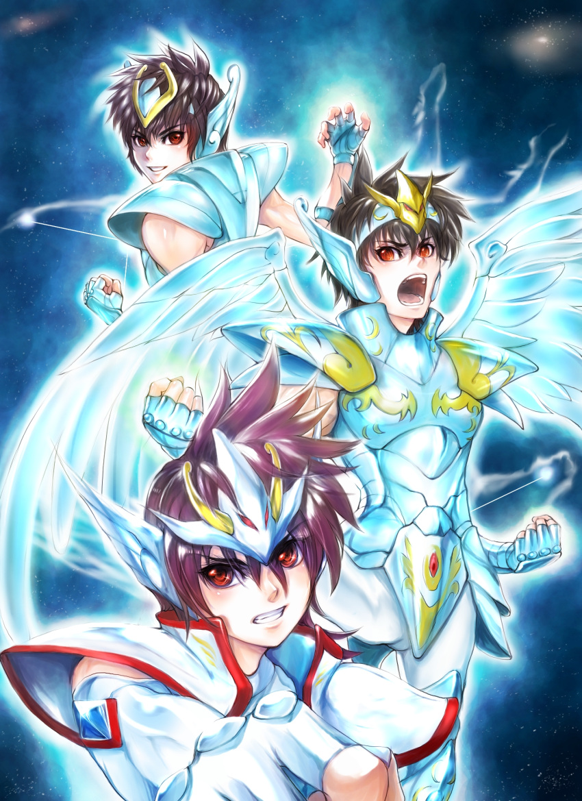 3boys armor brown_hair clenched_teeth constellation crossover fujisawa_(artist) gold highres looking_at_viewer male male_focus multiple_boys open_mouth pegasus_koga pegasus_seiya pegasus_tenma red_eyes rikune saint_seiya saint_seiya:_the_lost_canvas saint_seiya_omega space star stars teeth time_paradox wings