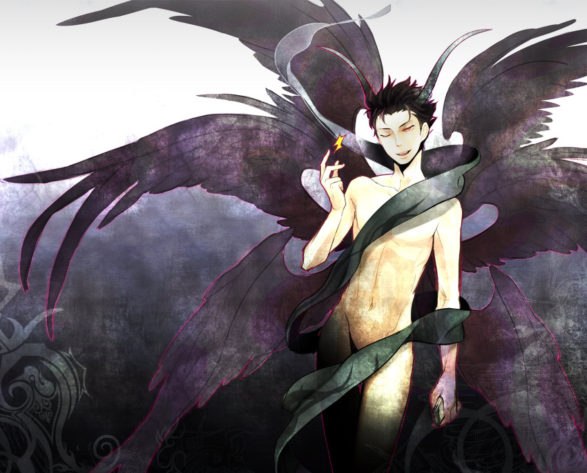 1boy black_hair cellphone commentary_request crossover el_shaddai highres horns lucifel_(el_shaddai) lucifer_(megami_tensei) male_focus multiple_wings nude one_eye_closed phone red_eyes shin_megami_tensei solo sunday31 wings