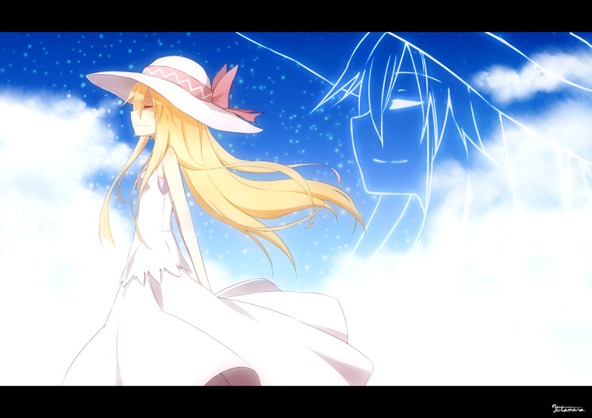 alternate_costume arms_behind_back bow closed_eyes cloud commentary_request day dress female hat hat_bow letterboxed lily_white long_hair signature sky sleeveless smile solo standing sundress touhou very_long_hair yutamaro