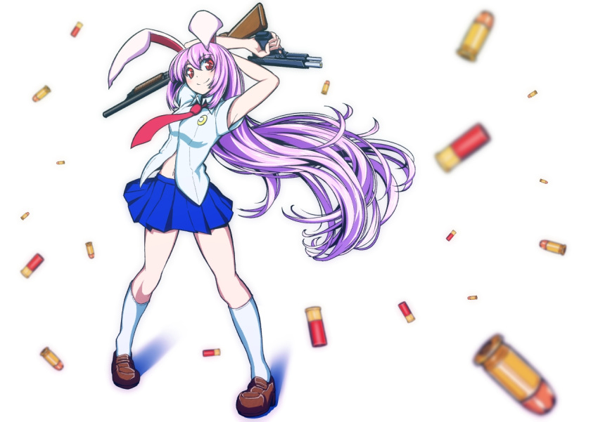 animal_ears armpits blush bullet casing_ejection commentary_request crescent dress_shirt dual_wielding female full_body glock gun handgun holding kikunosukemaru kneehighs loafers long_hair necktie pink_hair pleated_skirt rabbit_ears red_eyes red_necktie reisen_udongein_inaba remington_arms remington_model_31 shell_casing shirt shoes short_sleeves shotgun skirt smile socks solo standing touhou very_long_hair weapon white_background white_socks