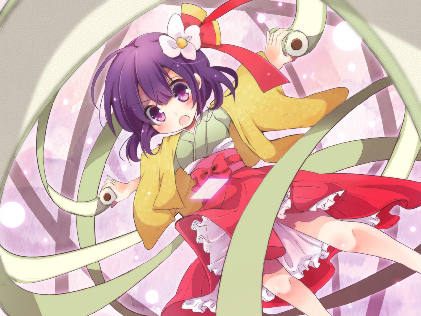 :o blush bow commentary_request female flower hair_ornament hieda_no_akyuu highres japanese_clothes kimono lolicon obi open_mouth orb outstretched_arms purple_eyes purple_hair sash scroll shiroi_hakuto short_hair solo touhou