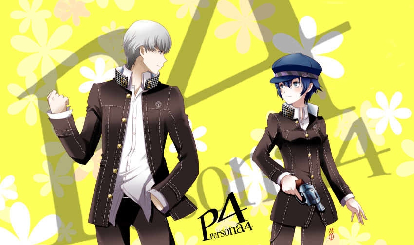 1boy androgynous bad_id bad_pixiv_id blue_eyes blue_hair cabbie_hat copyright_name crossdressing female grey_eyes grey_hair gun hand_in_pocket handgun hat machinosuke narukami_yuu persona persona_4 reverse_trap revolver school_uniform shirogane_naoto short_hair smile weapon