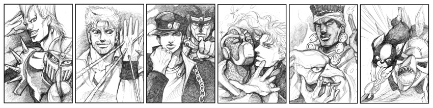 5boys absurdres bud_(korovsme) canine chains commentary_request gakuran graphite_(medium) greyscale hat hermit_purple hierophant_green highres iggy_(jojo) jean_pierre_polnareff jojo_no_kimyou_na_bouken joseph_joestar joseph_joestar_(old) kakyoin_noriaki kujo_jotaro magician's_red mohammed_avdol monochrome multiple_boys plant school_uniform silver_chariot stand_(jojo) star_platinum stardust_crusaders the_fool traditional_media vines wide_image