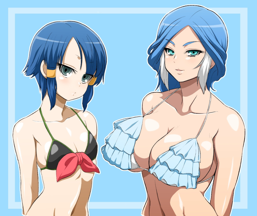 2girls :/ aqua_eyes arms_behind_back bikini black_bikini blue_background blue_bikini blue_hair blush bow bow_bikini breasts cleavage collarbone commentary_request framed frilled_bikini frills from_side grey_eyes hair_ornament hairclip halterneck height_difference hokuto_(tokuho) inazuma_eleven inazuma_eleven_(series) kurakake_clara large_breasts light_smile long_hair looking_at_viewer multicolored_hair multiple_girls navel parted_bangs red_bow shiny_skin short_hair_with_long_locks sidelocks small_breasts smile strap_gap swimsuit underboob upper_body urubida white_bikini white_hair