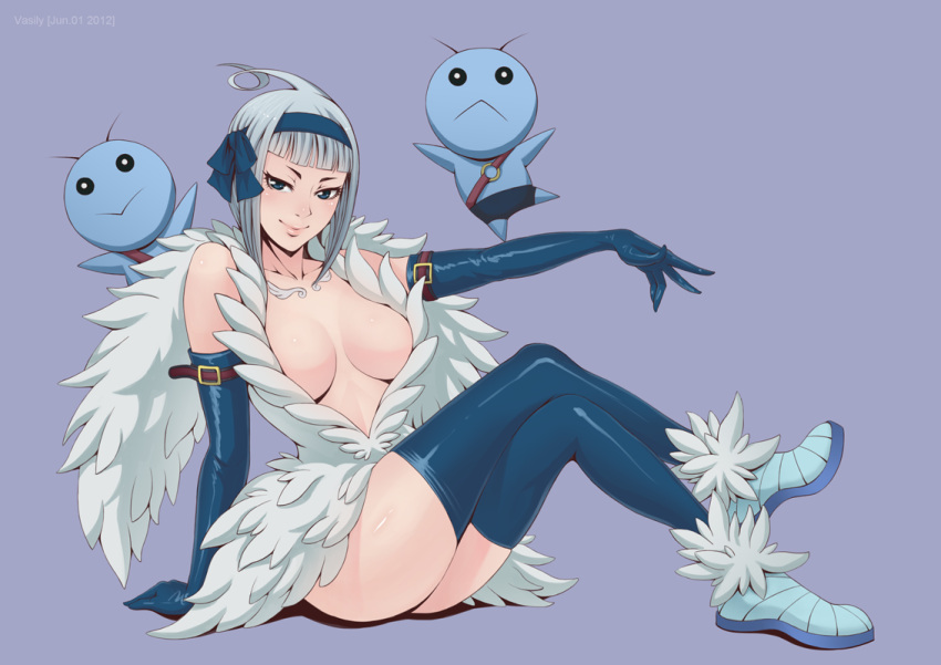 ahoge angel_(fairy_tail) bad_id bad_pixiv_id blunt_bangs breasts breasts_apart crossed_legs elbow_gloves fairy_tail female gemini_(fairy_tail) gloves large_breasts no_bra sitting thighhighs vasily_(run211)