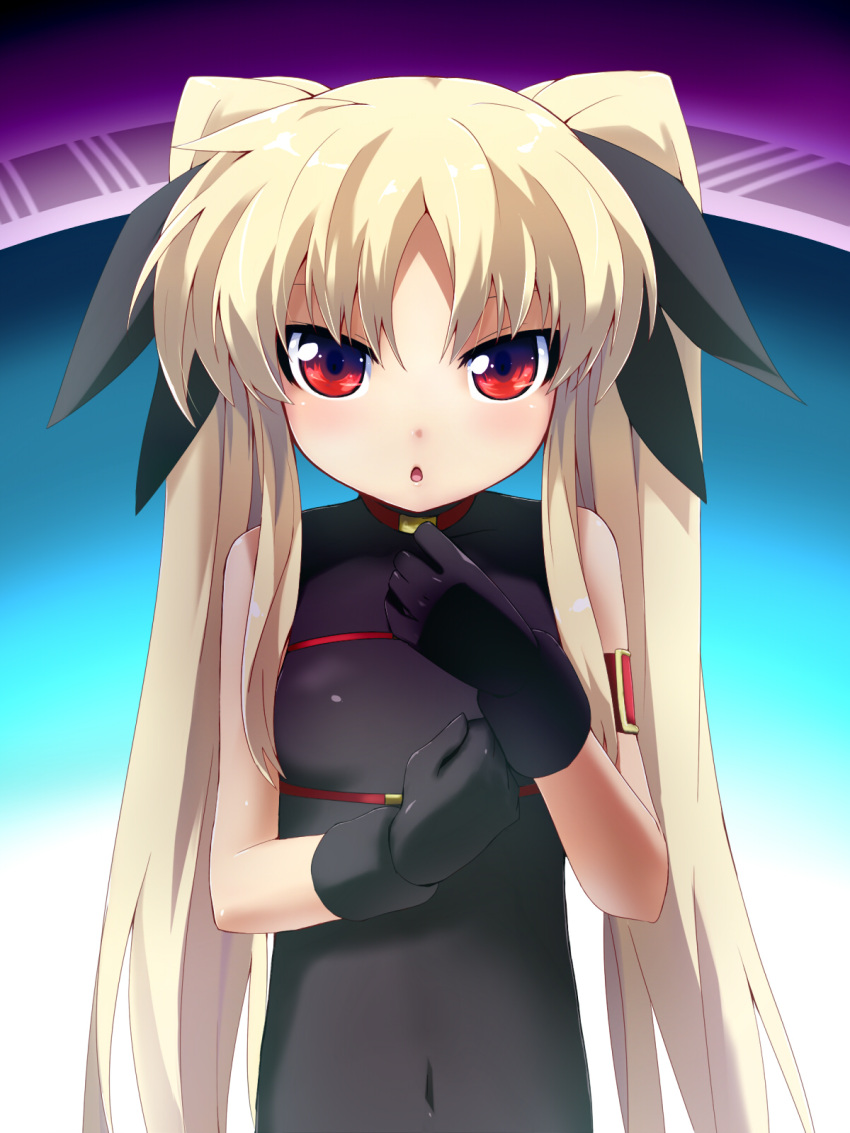 blonde_hair collar fate_testarossa fate_testarossa_(movie_1st_form) female flat_chest gloves grune hair_ribbon highres long_hair lyrical_nanoha mahou_shoujo_lyrical_nanoha mahou_shoujo_lyrical_nanoha_the_movie_1st no_cape red_eyes ribbon solo twintails very_long_hair