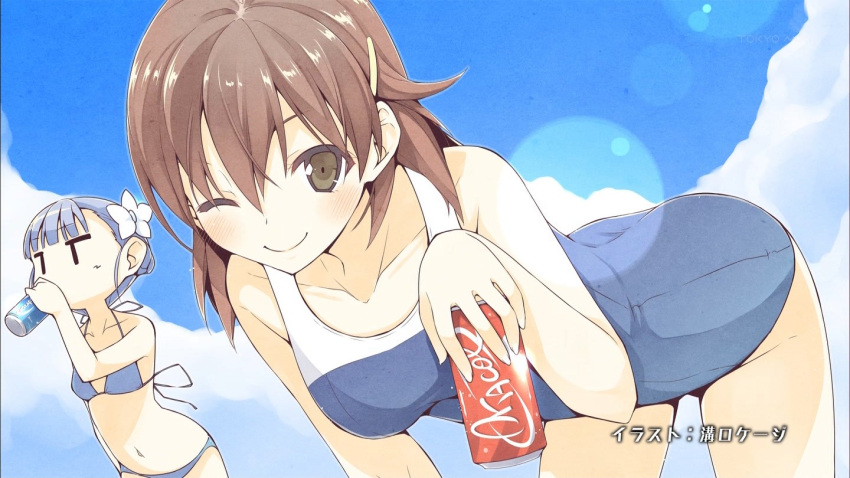 2girls ;) anime_screenshot aqua_hair bikini braid brown_eyes brown_hair can cloud collarbone day drinking end_card fin_e_ld_si_laffinty flower hair_flower hair_ornament hairclip kamogawa_girls'_high_school_swimsuit kyouno_madoka lens_flare mizoguchi_keiji multiple_girls one-piece_swimsuit one_eye_closed rinne_no_lagrange school_swimsuit sky smile swimsuit |_|