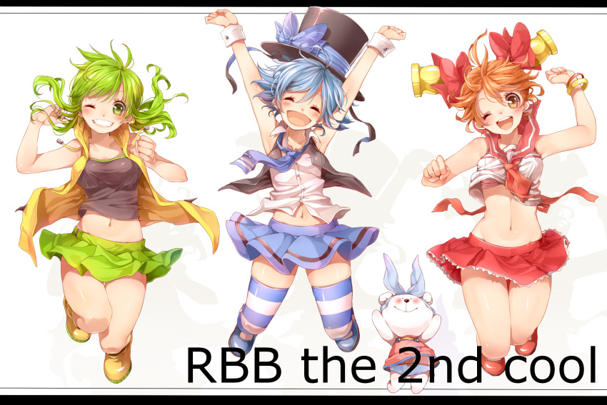 3girls ;d armpits arms_up bellko_(rbb) blue_hair blue_thighhighs bow bracelet brown_eyes closed_eyes commentary_request green_eyes green_hair grin hamko_(rbb) hat hat_bow highres jewelry jumping ketsuko_(rbb) letterboxed long_hair multiple_girls navel necktie one_eye_closed open_mouth orange_hair original panties pantyshot rainybluebell rojiko short_hair skirt smile striped_clothes striped_thighhighs stuffed_animal stuffed_toy teddy_bear thighhighs underwear vest wrist_cuffs