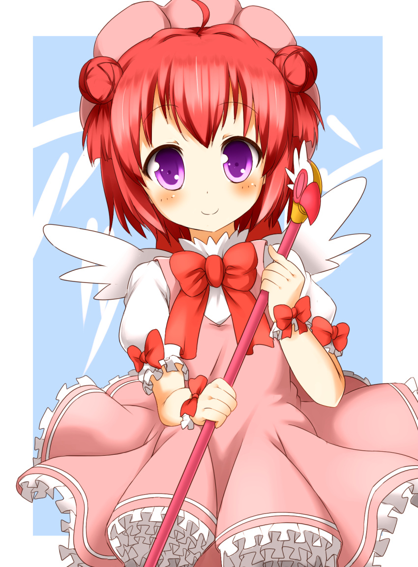 akaza_akari bad_id bad_pixiv_id cardcaptor_sakura commentary_request cosplay double_bun dress faubynet female fuuin_no_tsue hair_bun hat highres kinomoto_sakura kinomoto_sakura_(cosplay) kinomoto_sakura_(magic_dream_costume) md5_mismatch pink_hat purple_eyes red_hair resolution_mismatch short_hair solo source_smaller wand wings yuru_yuri