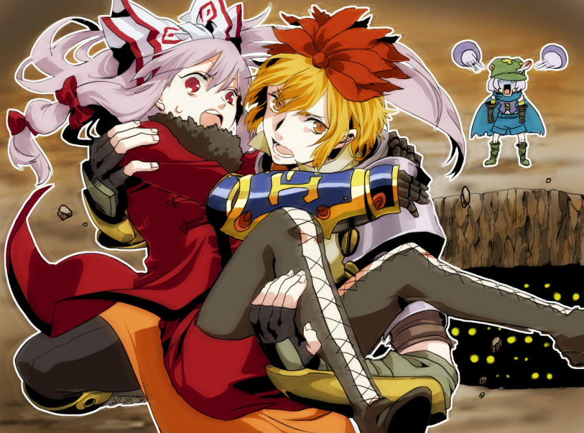 3girls alchemist_(sekaiju) alchemist_(sekaiju)_(cosplay) alternate_costume animal_ears armor bad_id bad_link bad_nicoseiga_id blonde_hair boots bow cape carrying cosplay cross-laced_footwear fingerless_gloves fujiwara_no_mokou gloves grey_hair hair_ornament hairbow hat long_hair long_sleeves mouse_ears multiple_girls nazrin open_mouth pale_skin pitfall princess_carry ranger_(sekaiju) ranger_(sekaiju)_(cosplay) red_eyes rock sekaiju_no_meikyuu sekaiju_no_meikyuu_1 short_hair shorts sweatdrop swordsman_(sekaiju) swordsman_(sekaiju)_(cosplay) toramaru_shou touhou vambraces very_long_hair yellow_eyes yoshiharu_(ryoji)