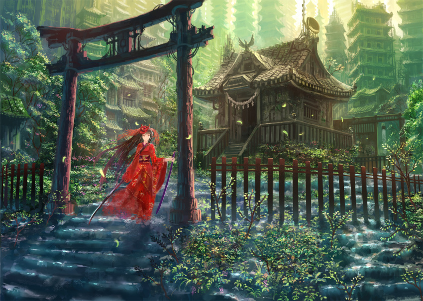 architecture brown_hair building commentary_request denki dual_wielding east_asian_architecture female fence forest holding japanese_clothes katana leaf long_hair mask nature original outdoors red_eyes revision scabbard scenery sheath shrine solo stairs sunlight sword torii tree weapon wind wooden_fence