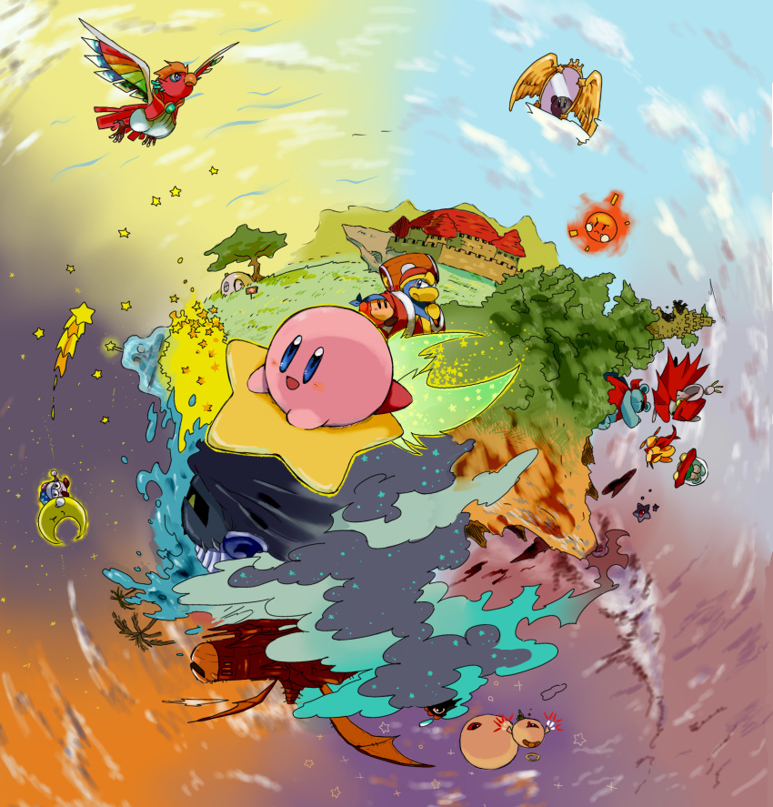 bandages bandana bandana_waddle_dee bird blood blood_from_eyes blue_bandana blue_eyes blush cape castle cloud commentary_request dark_matter_(kirby) dark_nebula dark_persona daroach dimension_mirror doc_(kirby) dyna_blade fountain grass halberd_(airship) hammer hat highres house king_dedede kirby kirby's_dream_land_3 kirby's_house kirby_(series) kirby_64 kirby_and_the_amazing_mirror kirby_squeak_squad kirby_super_star looking_at_viewer marx_(kirby) meta_knight mirror moon mouse_(animal) mr._bright mr._shine no_humans planet red_eyes shadow_kirby sky smile spinni star_(symbol) storo sun suzumecha tree volcano wings zero_(kirby) zero_two_(kirby)