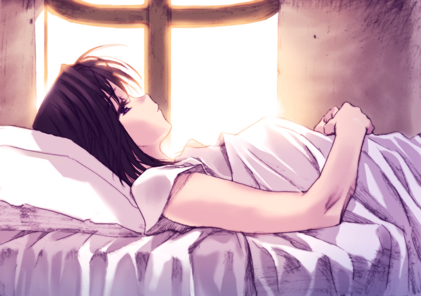 bed black_hair commentary_request female konsu_konsuke lying on_back original pillow short_hair solo sunlight window