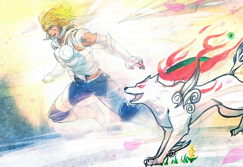 1boy amaterasu_(ookami) armor blonde_hair commentary_request crossover dark-skinned_male dark_skin denim el_shaddai enoch jeans long_hair okami pants running shield wolf