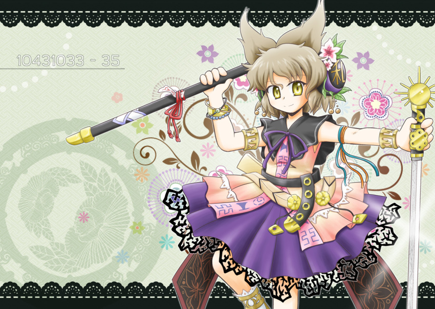 belt bracelet brown_hair commentary_request earmuffs female flower hair_ornament jewelry leaf manaka_(pdx) scabbard sheath short_hair sleeveless smile solo sword touhou toyosatomimi_no_miko unsheathed weapon yellow_eyes