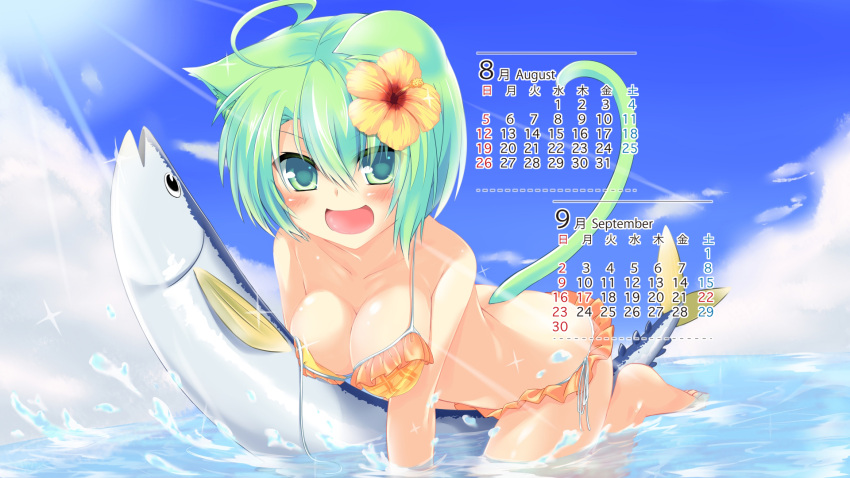 :d ahoge animal_ears august bikini blush breasts calendar_(medium) cat_ears cat_tail cleavage commentary_request dodome-iro_mayonnaise female fish flower frilled_bikini frills green_eyes green_hair hair_flower hair_ornament hibiscus highres large_breasts light_rays looking_at_viewer open_mouth original partially_submerged photoshop_(medium) september sharon_(dodomayo) short_hair side-tie_bikini_bottom smile solo sunbeam sunlight swimsuit tail untied water