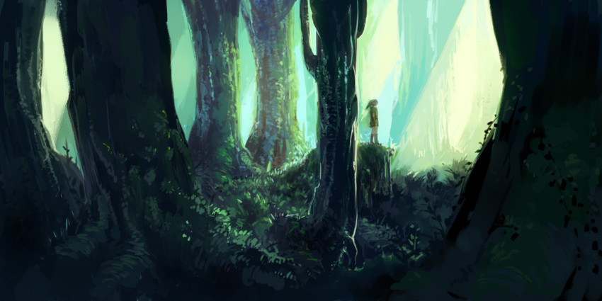 1boy bad_id bad_pixiv_id cloak forest light_rays link male_focus nature outdoors scenery solo standing sunbeam sunlight the_legend_of_zelda tree uichi wide_shot