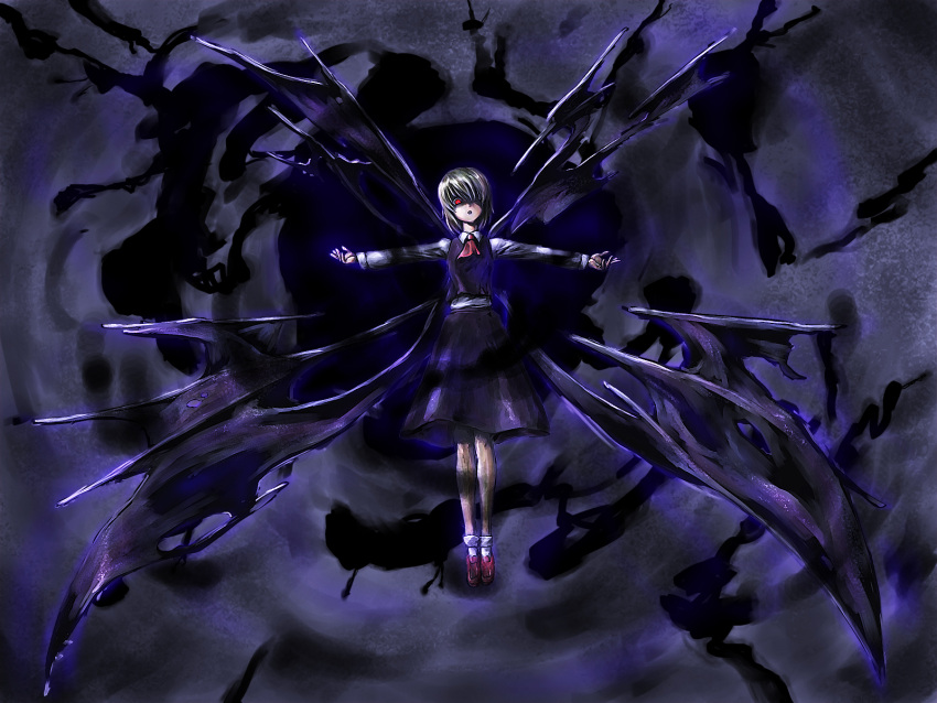 blonde_hair commentary_request darkness ex-rumia female highres kath necktie outstretched_arms photoshop_(medium) red_eyes rumia short_hair solo spread_arms touhou