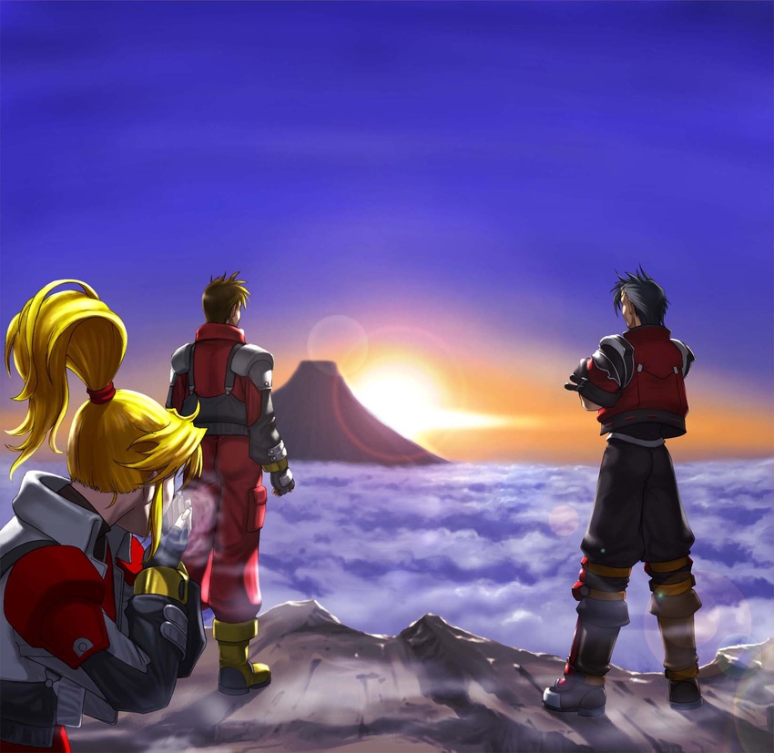 3boys arisu_reiji blonde_hair boots breath cloud commentary_request crossed_arms crossover excellen_browning fingerless_gloves from_behind gloves highres kazue kyousuke_nanbu lens_flare male_focus mountain mountaintop multiple_boys namco_x_capcom photoshop_(medium) ponytail sky steam sunset super_robot_wars uniform