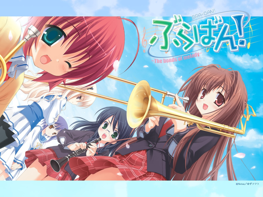 5girls ahoge aqua_eyes black_hair blonde_hair blush bra-ban! brown_eyes brown_hair clarinet dutch_angle ebihara_minase glasses green_eyes hibarigaoka_yuki imamiya_noriko instrument kobuichi long_hair mikage_sumi multiple_girls muririn nakanoshima_tae oerba_yun_fang one_eye_closed open_mouth pantyhose petals pink_eyes plaid plaid_skirt purple_hair red_hair school_uniform short_hair skirt trombone trumpet white_hair