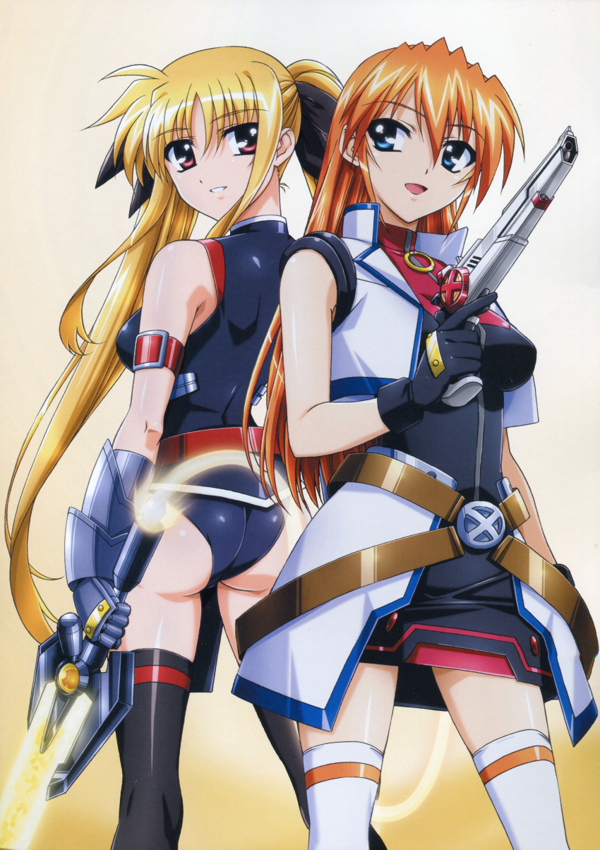 2girls :d absurdres armband armor ass back-to-back bardiche_(nanoha) bardiche_(riot_zanber_stinger)_(nanoha) bare_shoulders belt black_dress black_gloves black_thighhighs blonde_hair blue_eyes breasts buckle cross_mirage dress dual_wielding energy_sword fate_testarossa fate_testarossa_(true_sonic_form) gauntlets gem gloves glowing gradient_background grin gun hair_between_eyes hair_ribbon handgun highres holding kneepits leotard long_hair looking_at_another looking_at_viewer looking_back loose_belt lyrical_nanoha magical_girl mahou_shoujo_lyrical_nanoha_strikers medium_breasts megami_magazine multiple_girls official_art okuda_yasuhiro open_clothes open_mouth open_vest orange_background orange_hair parted_bangs red_eyes ribbon scan sidelocks skirt smile standing sword teana_lanster thighhighs trigger_discipline turtleneck twintails very_long_hair vest waist_cape weapon white_thighhighs zettai_ryouiki zipper