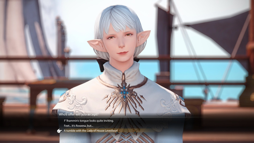 1girls 3d ameliance_leveilleur brown_eyes dialogue dialogue_box dress elezen elf elf_ears elf_female final_fantasy final_fantasy_xiv flirting gpose(ffxiv) imminent_sex milf pale-skinned_female pale_skin pointy_ears smile smiling smiling_at_viewer square_enix white_hair