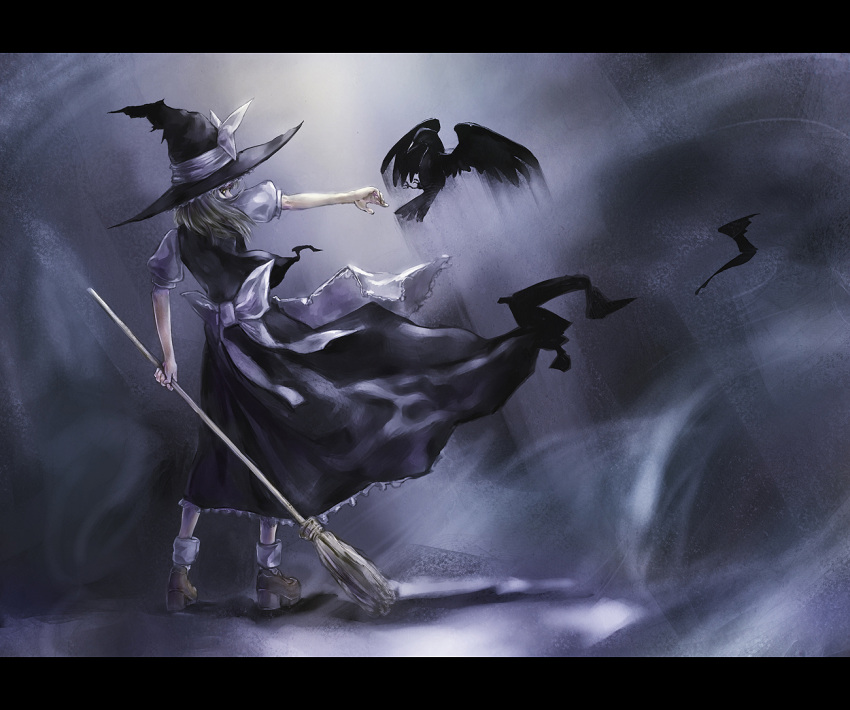 bird blonde_hair broom commentary_request female from_behind hat kath kirisame_marisa letterboxed looking_back outstretched_arm photoshop_(medium) solo standing touhou witch witch_hat yellow_eyes