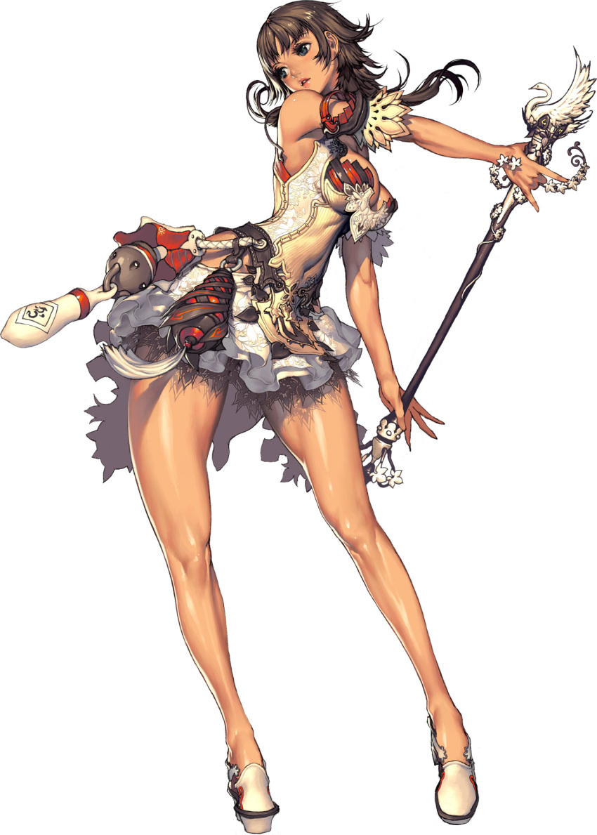 armband bare_legs blue_eyes breasts brown_hair cleavage female highres kim_hyung_tae legs_apart lipstick long_hair magna_carta magna_carta_2 makeup medium_breasts miniskirt pleated_skirt shoes skirt solo staff standing tank_top white_background zephie_(magna_carta)